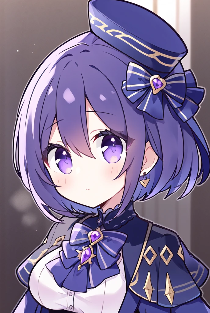 (masterpiece, best quality:1.3),clorinde, 1girl, ,hat, purple eyes, gloves, jewelry, looking at viewer, white gloves, (gun:0.8), bow, earrings, purple hair, hair over one eye, closed mouth, blue bow, blue headwear, bangs, bowtie, ,profile, 