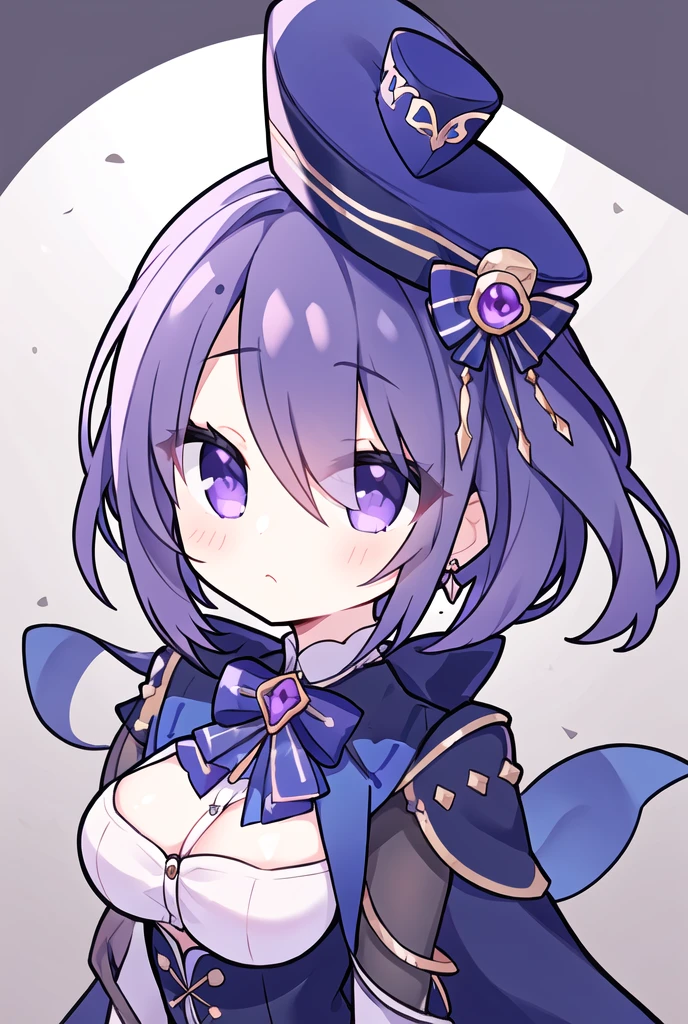 (masterpiece, best quality:1.3),clorinde, 1girl, ,hat, purple eyes, gloves, jewelry, looking at viewer, white gloves, (gun:0.8), bow, earrings, purple hair, hair over one eye, closed mouth, blue bow, blue headwear, bangs, bowtie, ,profile, 