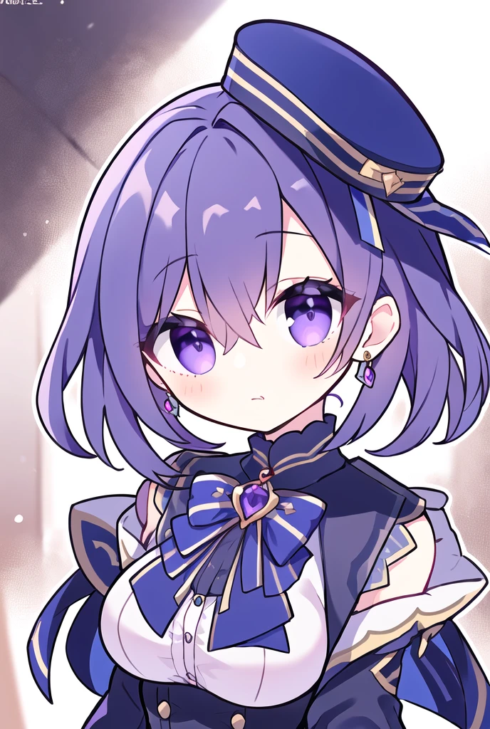 (masterpiece, best quality:1.3),clorinde, 1girl, ,hat, purple eyes, gloves, jewelry, looking at viewer, white gloves, (gun:0.8), bow, earrings, purple hair, hair over one eye, closed mouth, blue bow, blue headwear, bangs, bowtie, ,profile, 