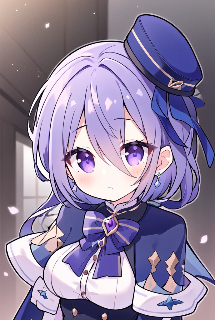 (masterpiece, best quality:1.3),clorinde, 1girl, ,hat, purple eyes, gloves, jewelry, looking at viewer, white gloves, (gun:0.8), bow, earrings, purple hair, hair over one eye, closed mouth, blue bow, blue headwear, bangs, bowtie, ,profile, 