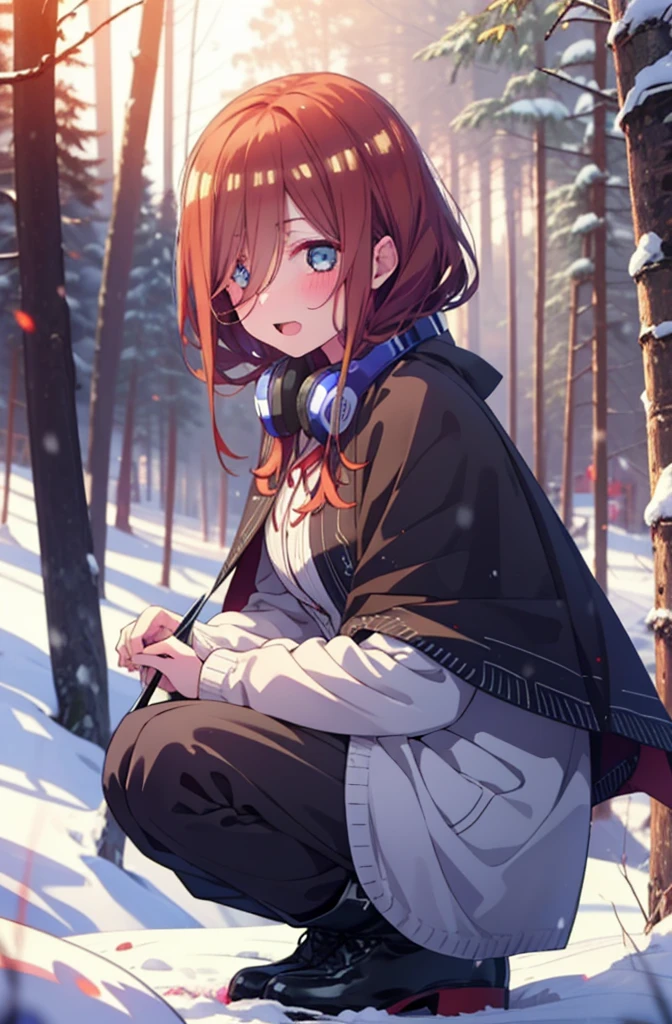 miku nakano, miku nakano, Long Hair, bangs, Brown Hair, shirt, Hair between the eyes, cardigan, Headphones around the neck,smile,blush,White Breath,
Open your mouth,snow,Ground bonfire, Outdoor, boots, snowing, From the side, wood, suitcase, Cape, Blurred, Increase your meals, forest, White handbag, nature, Squat, Mouth closed, フードed Cape, winter, Written boundary depth, Black shoes, red Cape break looking at viewer, Upper Body, whole body, break Outdoor, forest, nature, break (masterpiece:1.2), Highest quality, High resolution, unity 8k wallpaper, (shape:0.8), (Beautiful and beautiful eyes:1.6), Highly detailed face, Perfect lighting, Highly detailed CG, (Perfect hands, Perfect Anatomy),