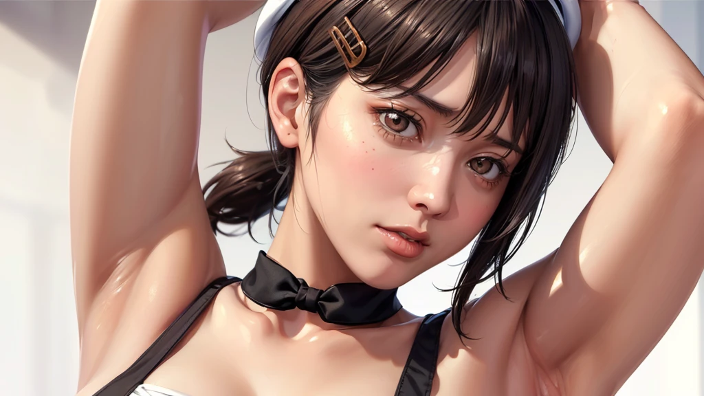 (((Perfect body,White and tender skin,(((Black strap dress, black long bow tie, white lining, black hat))),(((Kobeni Higashiyama, black hair, hair ornament, hairclip, ponytail, short hair, (brown eyes:1.5),))),((masterpiece)),highres,((Best quality at best)),masterpiece,quality,Best quality,((( Exquisite facial features,Looking at the audience,There is light in the eyes,(((frown,Wronged))),))),(((Light and shadow,Huge breasts,))),(((Looking at the camera,White background))))