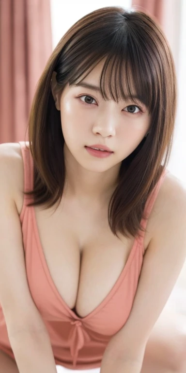 (masterpiece:1.3), Highest quality、Ultra-high resolution, Very detailed, Very detailed CG Unity 8k 壁紙, Realistic, photo-Realistic, RAW Photos, Beautifully detailed face, Pale skin, Realistic glistening skin, Detailed cloth texture, Detailed hair texture, Perfect body, Beautiful Face, Accurate, Anatomically correct, Highly detailed face そして skin texture, Natural neck length, (Fair skin:1.2), Good teeth alignment,
Symmetrical eyes, dolly make、double eyelid, Thin eyebrows, (Glossy Lips:1.4), (Sad face:1.2),
(classy and cute girl:1.3),
(Large Breasts:1.4), Cleavage, Beautiful clavicle,
(Wavy long hair:1.2), ((Asymmetrical bangs:1.2)), A tight coral pink tank top that clings to the breasts、Micro Mini、Voluptuous thighs、A photo showing you from head to knees、Focus on the thighs