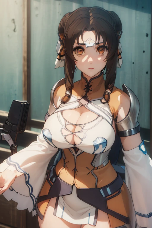 Complex 3D rendering of ultra-detailed beautiful porcelain contoured female face, , Integrated Circuit Parts, 150 mm, Beautiful studio soft lighting, rim Light, Vivid details, Luxury Cyberpunk, Lace, hyperactual, ,((Full and soft ,)))((())) (((Cleavage)))utawarerumonodeplete, deplete, Long hair, (Brown eyes:1.5), Blue Hair, Capillary, (#5: Parted Bangs:1.5), Dog ears, Animal ears,
rest cleavage, Cleavage切口, Long sleeve, Wide sleeves, armor, shoulder armor,
rest outdoors,
rest looking at viewer, (Cowboy shooting:1.5),
rest (masterpiece:1.2), best quality, high resolution, Unity 8K wallpaper, (illustration:0.8), (Beautiful and delicate eyes:1.6), Extremely detailed face, Perfect lighting, Extremely detailed CG, (Perfect hands, Perfect anatomical structure),