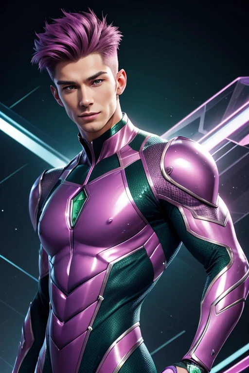 Half body focus photorealistic handsome hunky fractal masculine green skinned alien like Shift.. wearing magenta quartz  transparent crystal chrome glass super suit , look at camera, detailed face parts,, studio as background, Freestyle Pose, Happy Expression, perfect anatomy, symmetric body,, 18 years old,  :: high detail, a lean athletic body, realistic, human skin, extremely detailed fingers,  chad chin,, masculine, human skin, (eyes contact), gorgeous, Attractive. super bulges. In action 