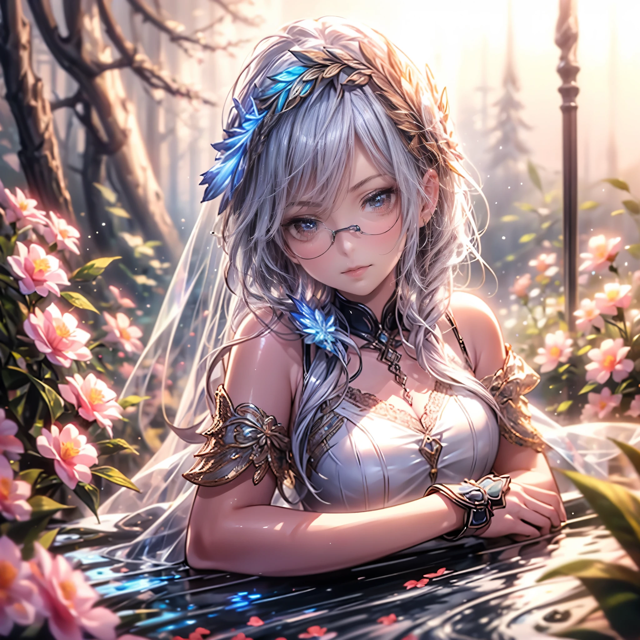 masterpiece: 1.2, High resolution,32k, Realistic: 1.37, Super detailed: 1.2, Flower Fairy, Crimson transparent dress (Flowing), Beautiful delicate(hair,face,eye,lips,thigh,Clothes),Delicate eyes,sparkling eye,brilliant rosy lips,Classical garden, Colorful flowers, Shower of light,Glasses,薄紫のhair
