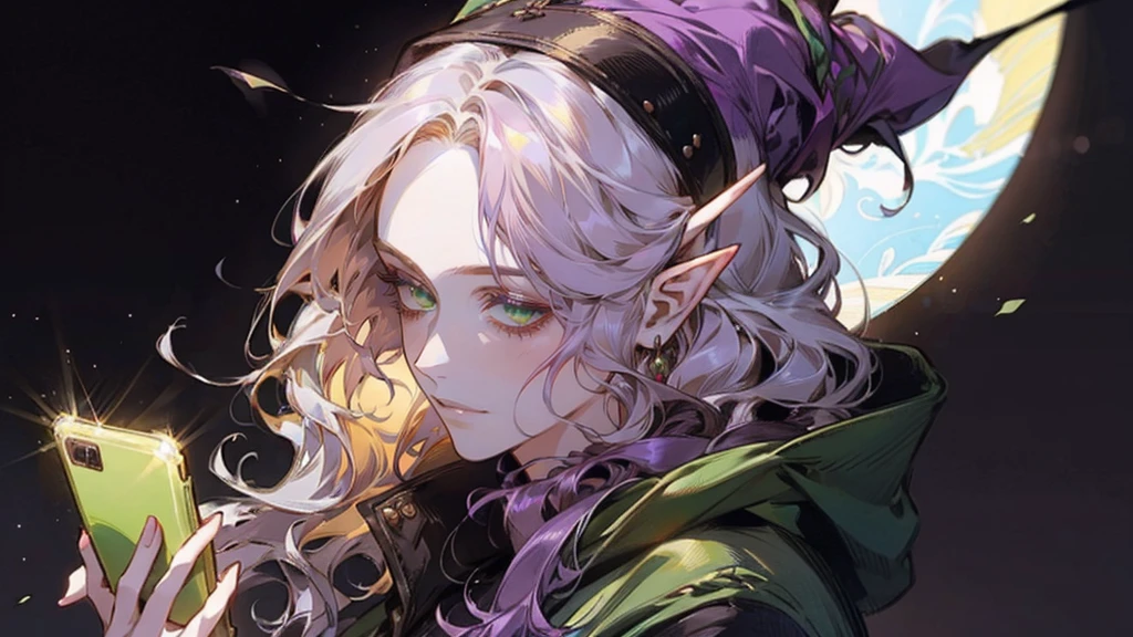 A beautiful, elegant girl with purple hair, green eyes and pale skin. Her hair is long and curly, she has two pretty tufts on the sides. She is an elf girl. elf ears. (slight smile). black background. she's using her cell phone