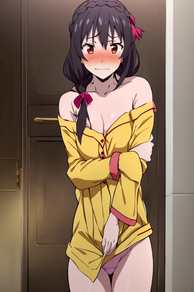 (masterpiece, Highest quality), One girl, Yunyun,Long Hair,Braiding,Twin tails,Hair between the eyes,Red hair ribbon,hair ornaments,large round breasts,、Black Hair、Red Eyes、(Embarrassed face:1.2)、bed、Crown Blade,(Yellow off-the-shoulder pajamas:1.5)、(blush:1.2)、bedにうつ伏せ、(Only pink underwear:1.5)