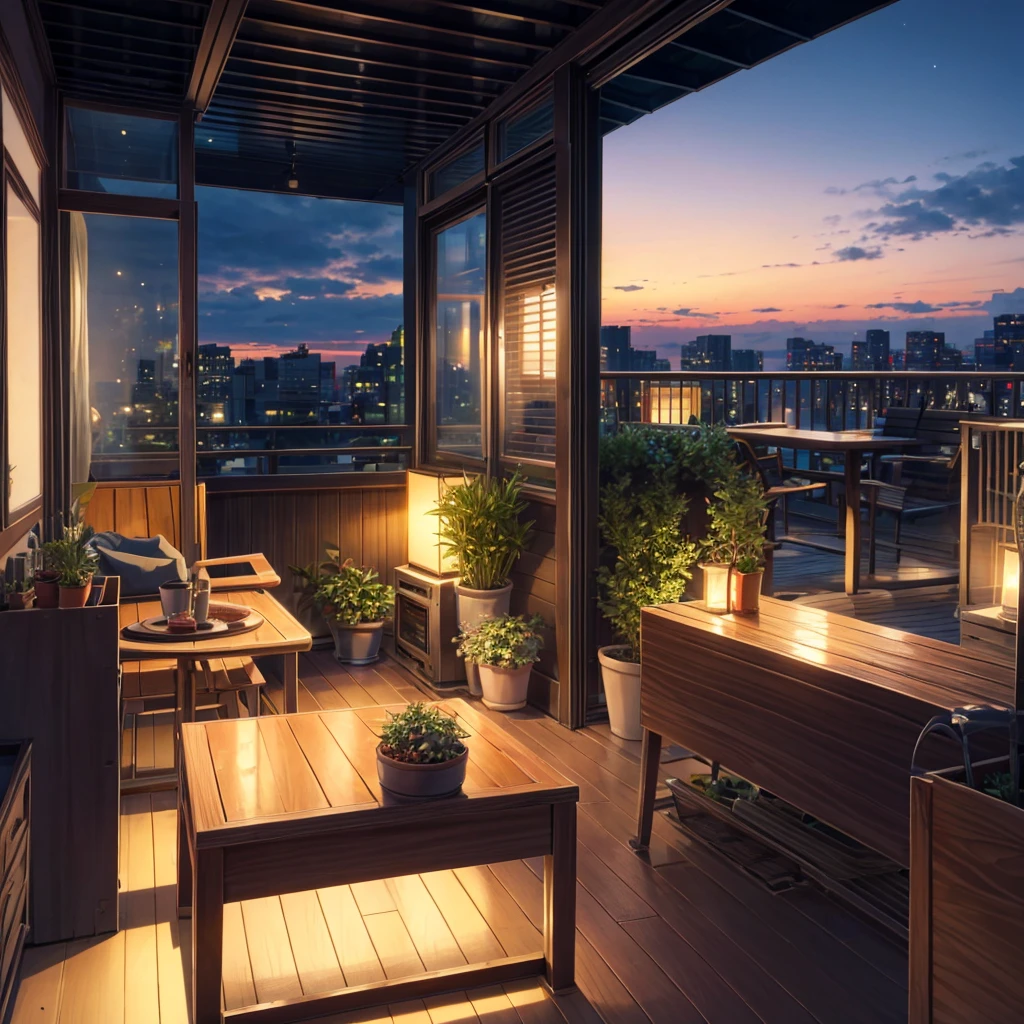 An urban terrace on top of a building, with a panoramic view of the city at dusk. The space is decorated with string lights, potted plants and comfortable garden furniture. A small table with a cup of coffee and a notebook is positioned facing the view. The sound of traffic below is soft and distant, almost inaudible, while a portable speaker plays lofi music. The sky begins to turn orange and pink as the sun sets, creating a serene and contemplative atmosphere.