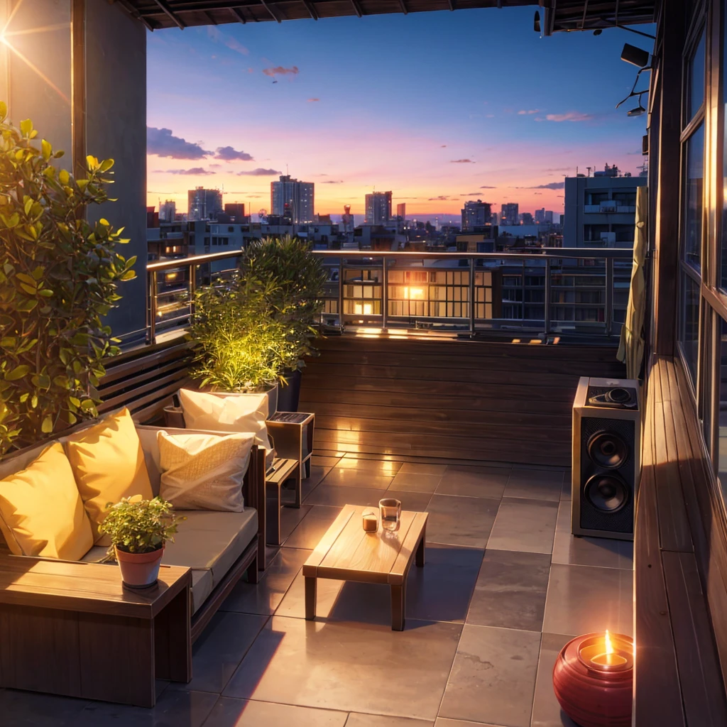 An urban terrace on top of a building, with a panoramic view of the city at dusk. The space is decorated with string lights, potted plants and comfortable garden furniture. A small table with a cup of coffee and a notebook is positioned facing the view. The sound of traffic below is soft and distant, almost inaudible, while a portable speaker plays lofi music. The sky begins to turn orange and pink as the sun sets, creating a serene and contemplative atmosphere.