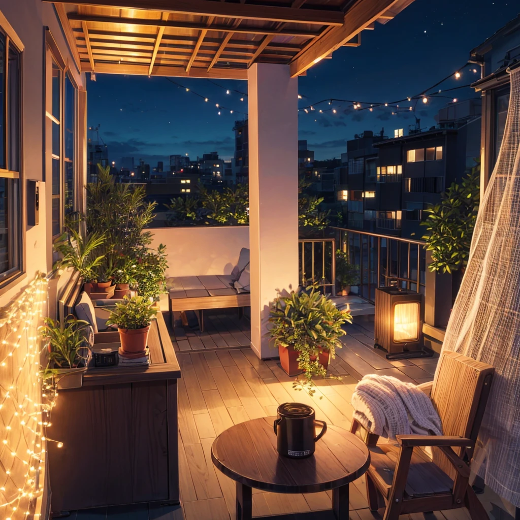 An urban terrace on top of a building, with a panoramic view of the city at dusk. The space is decorated with string lights, potted plants and comfortable garden furniture. A small table with a cup of coffee and a notebook is positioned facing the view. The sound of traffic below is soft and distant, almost inaudible, while a portable speaker plays lofi music. The sky begins to turn orange and pink as the sun sets, creating a serene and contemplative atmosphere.