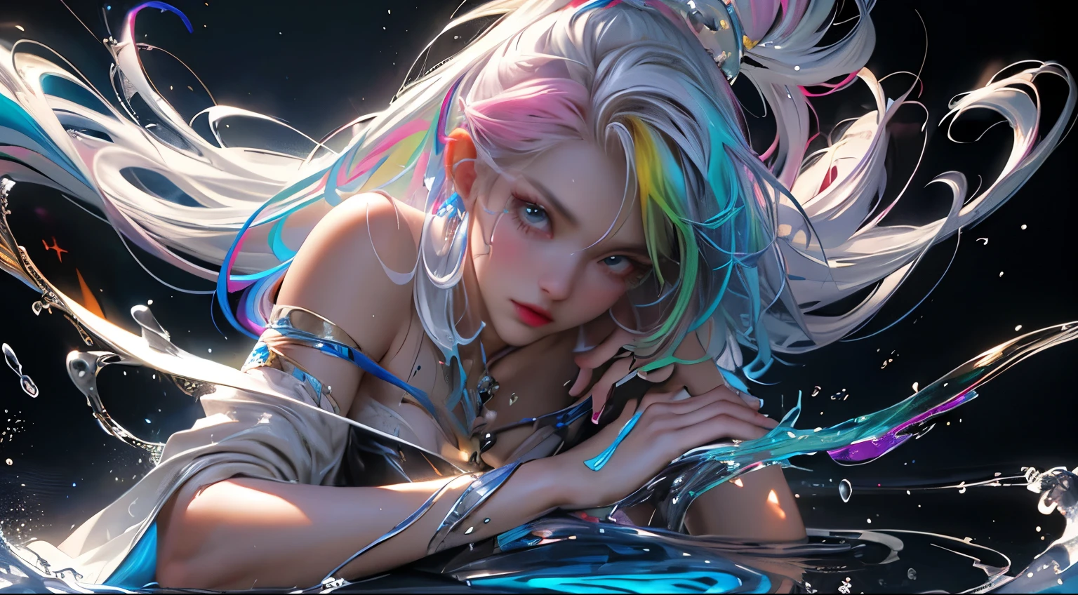 8k, RAW photo, realistic, photo-realistic, hyper-realistic, highest quality, best quality, masterpiece, highly detailed, absurdres,
masterpiece, best quality, (extremely detailed CG unity 8k wallpaper, masterpiece, best quality, ultra-detailed, best shadow), (detailed background), (beautiful detailed face, beautiful detailed eyes), High contrast, (best illumination), 1girl, Australian, multicoloured hair, beautiful, ((colourful paint splashes on transparent background, dulux)), ((caustic)), dynamic angle,beautiful detailed glow,full body, cowboy shot,