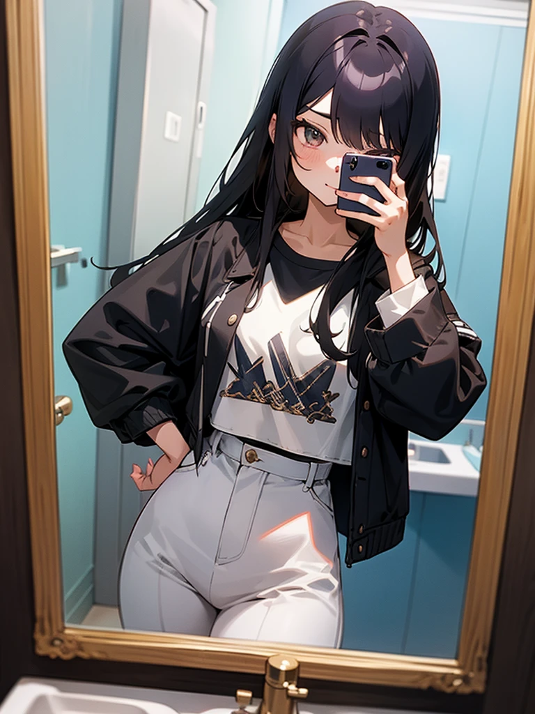 Anime cute girl taking a selfie in a mirror in a bathroom, taken in 2 0 2 0, cropped shirt with jacket, long black hair
