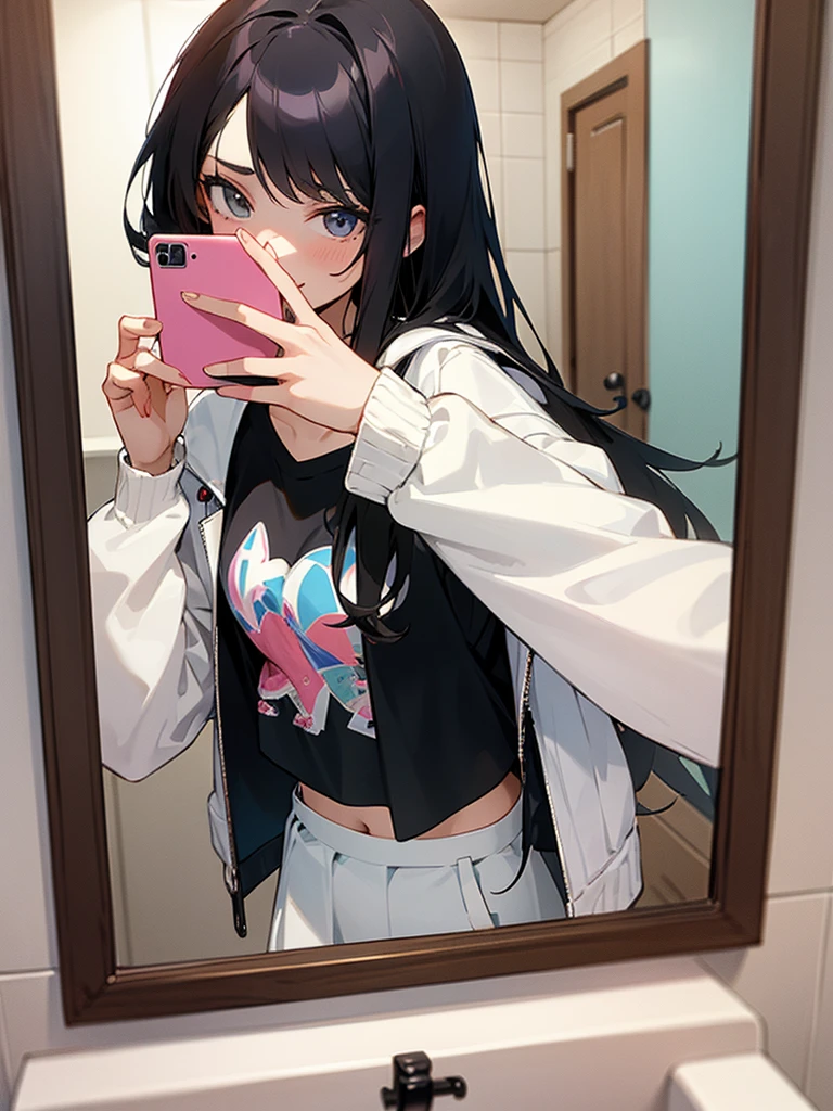 Anime cute girl taking a selfie in a mirror in a bathroom, taken in 2 0 2 0, cropped shirt with jacket, long black hair