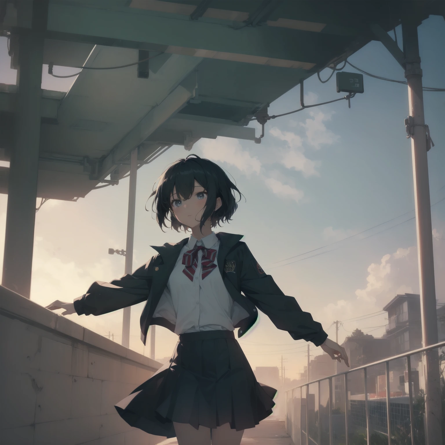 ultra-absurdres-Top quality by artist God, ultra-detailed, high resolution, anime moe artstyle, best anime 8k konachan wallpaper, pixiv contest winner, pool:2810, perfect anatomy,break, 1girl, (Please draw a girl walking sleepily to school alone. )break,(Solo,little female, 13-year-old:1.3),Full limbs, complete fingers,a junior high school student, (very short hair), short cut, flat chest, , small butt, small black eyes, beautiful detailed eyes, well-proportioned iris and pupils, expressive eyes, highres detailed hair, soft expression, salor school_uniform, sailor collar, serahuku, bow, pleated skirt,(Detailed Lighting), (Detailed background), in the School commute route. break,super detailed skin, Best cinematic lighting powered by famous artist, 8k,beauty illustration,photoshop_(medium),very aesthetic,break,((artist:wa_(genryusui) )), artist:clamp ,artist:carnelian ,artist:kantoku ,