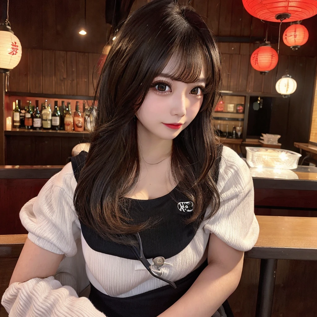 NSFW,(Big Tits、valley、Black camisole),Drinking beer at a red lantern izakaya、(double eyelids、Tear bags、Big, round eyes、Long eyelashes)、highest quality、Watching the audience