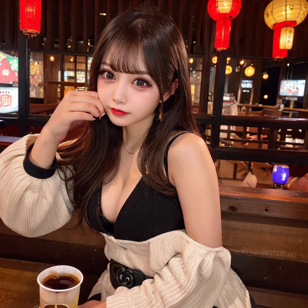 NSFW,(Big Tits、valley、Black camisole),Drinking beer at a red lantern izakaya、(double eyelids、Tear bags、Big, round eyes、Long eyelashes)、highest quality、Watching the audience