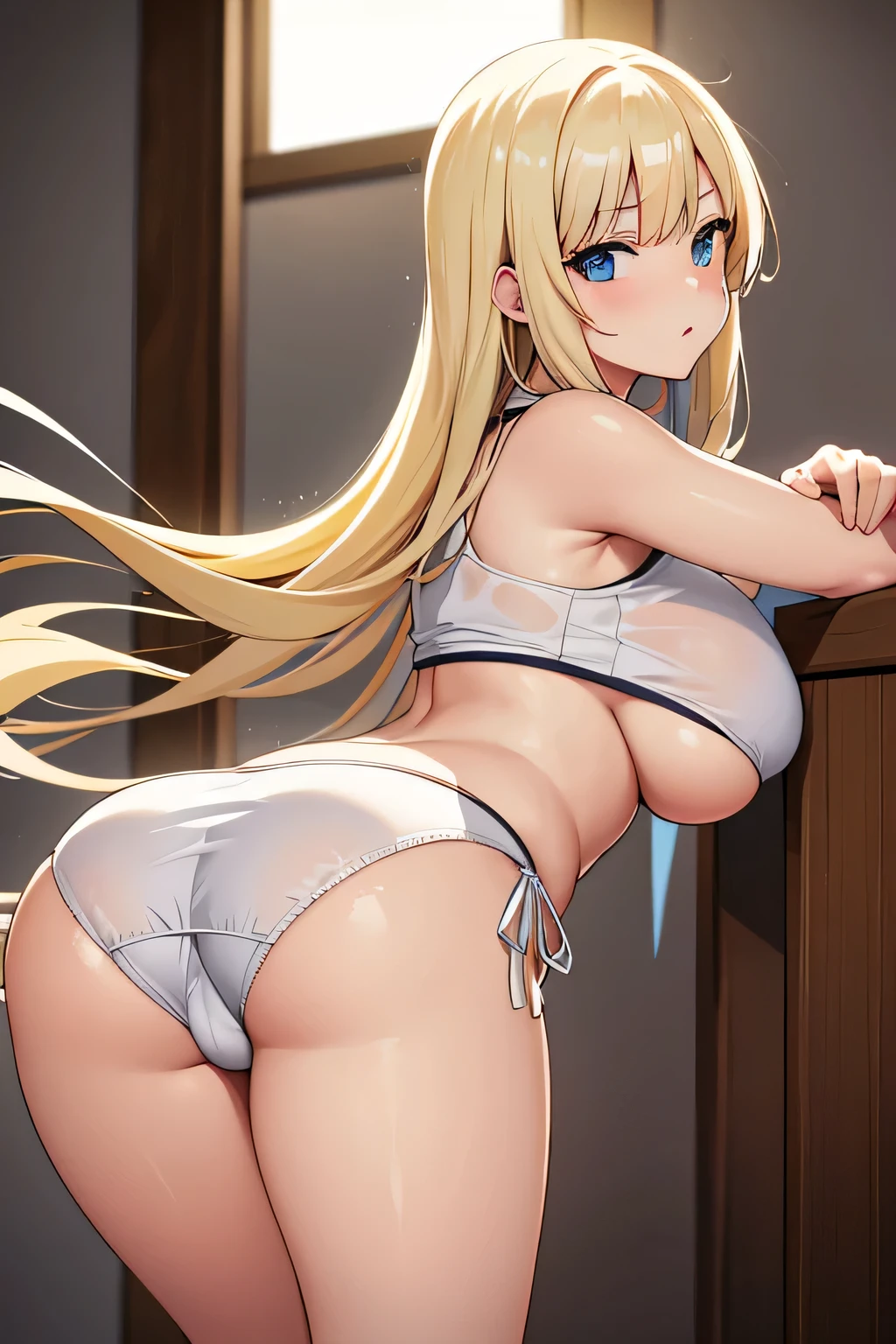 anime girl, bending over, white panties, big boobs, blond hair