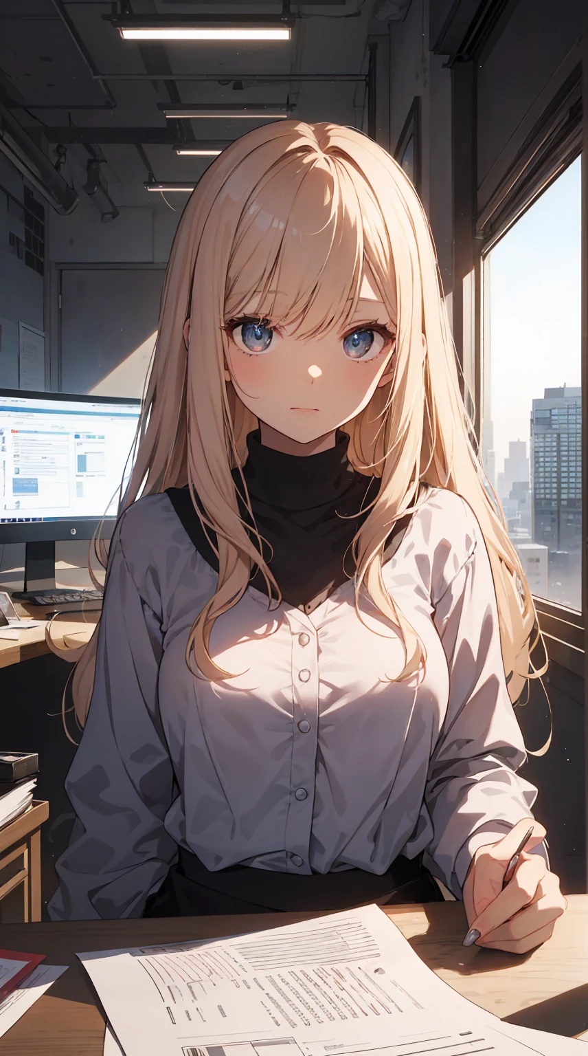 This illustration depicts a cute girl working in an office in a high-rise building, at a moment when she is tired of the situation. She is working on her laptop and is facing the monitor. His eyes are shining. Inside the room are piles of documents, an office desk and chair, a monitor, etc. However, the most notable thing is the "final mysterious high-energy body" she emits. This energy body is released from her body and has the power to obliterate the garbage in the room. emits a pale, white light that reaches every corner of the room. The view from the window is a night view. A girl with a satisfied expression is sitting.(night)