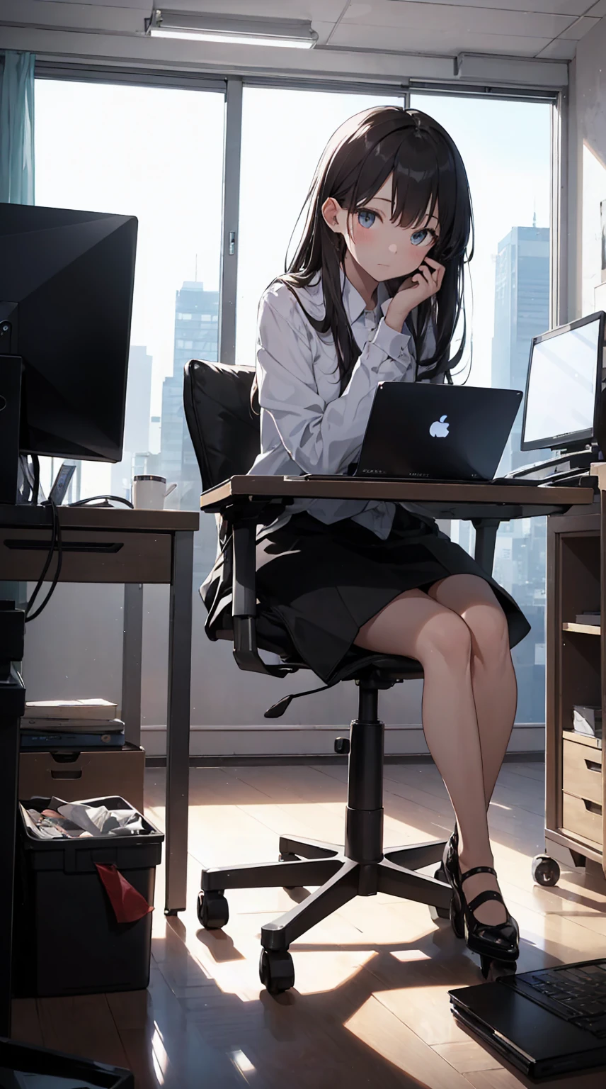 This illustration depicts a cute girl working in an office in a high-rise building, at a moment when she is tired of the situation. She is working on her laptop and is facing the monitor. His eyes are shining. Inside the room are piles of documents, an office desk and chair, a monitor, etc. However, the most notable thing is the "final mysterious high-energy body" she emits. This energy body is released from her body and has the power to obliterate the garbage in the room. emits a pale, white light that reaches every corner of the room. The view from the window is a night view. A girl with a satisfied expression is sitting.(night)