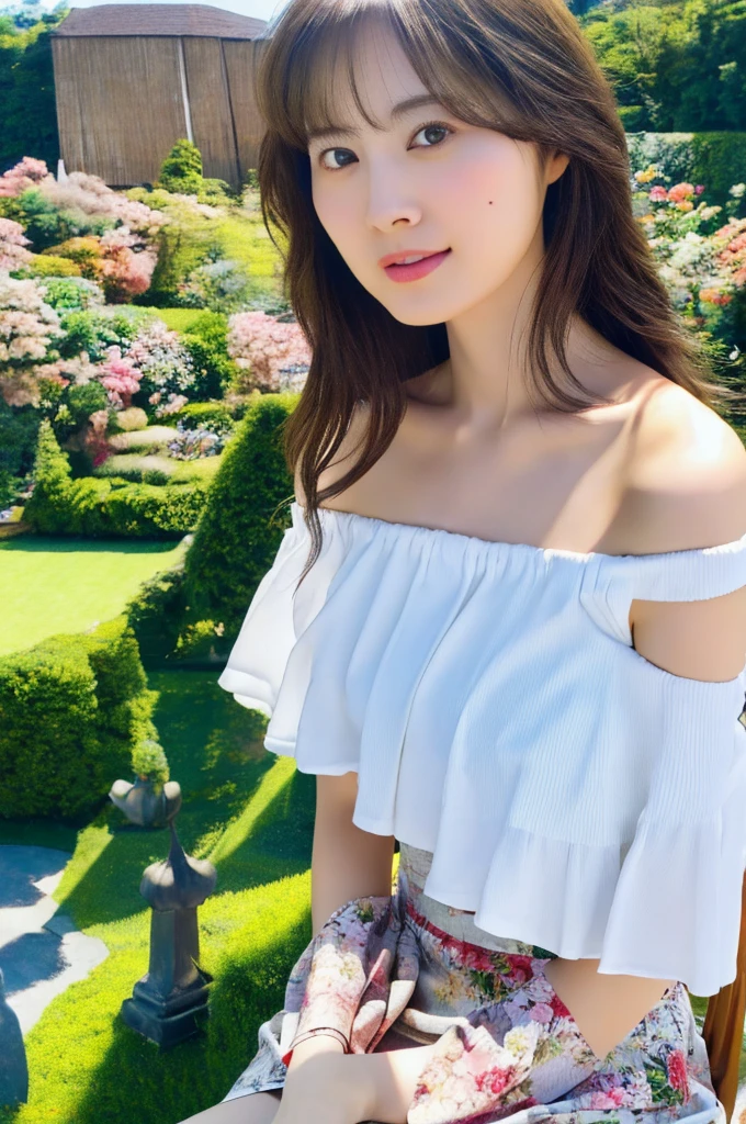 masterpiece,(realistic), absurdres, highly detailed CG unified 8K wallpapers, (HQ skin:1.2),8k uhd, dslr, high quality, ((a japanese girl wearing white shirt, sleeveless, shirt off shoulder, floral skirt, home garden, sitting on chair, look at viewer )), dark eyes, beautiful and detailed eyes, (real skin), beautiful skin, attractive, ultra-high resolution, ultra-realistic,high-definition,detailed background, maiyan