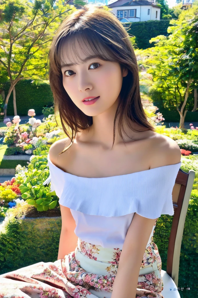 masterpiece,(realistic), absurdres, highly detailed CG unified 8K wallpapers, (HQ skin:1.2),8k uhd, dslr, high quality, ((a japanese girl wearing white shirt, sleeveless, shirt off shoulder, floral skirt, home garden, sitting on chair, look at viewer )), dark eyes, beautiful and detailed eyes, (real skin), beautiful skin, attractive, ultra-high resolution, ultra-realistic,high-definition,detailed background, maiyan