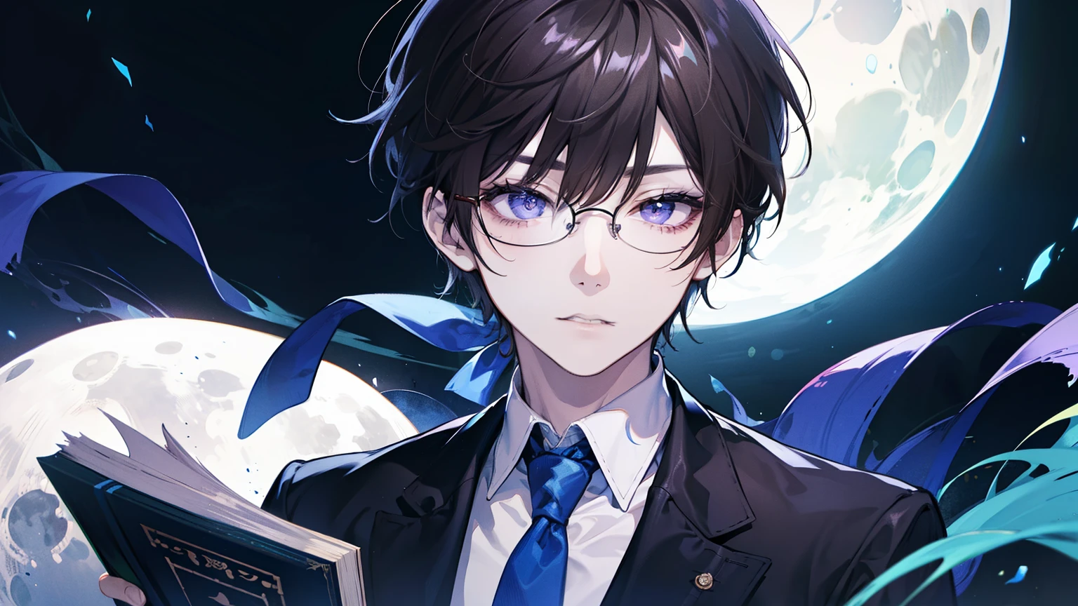 One Man、Rin々Shii、Dark Brown Hair、Purple Eyes、In a suit、Blue tie、Short Hair、The right eye is hidden by bangs、Glasses、Close-up of face、full moon、Book