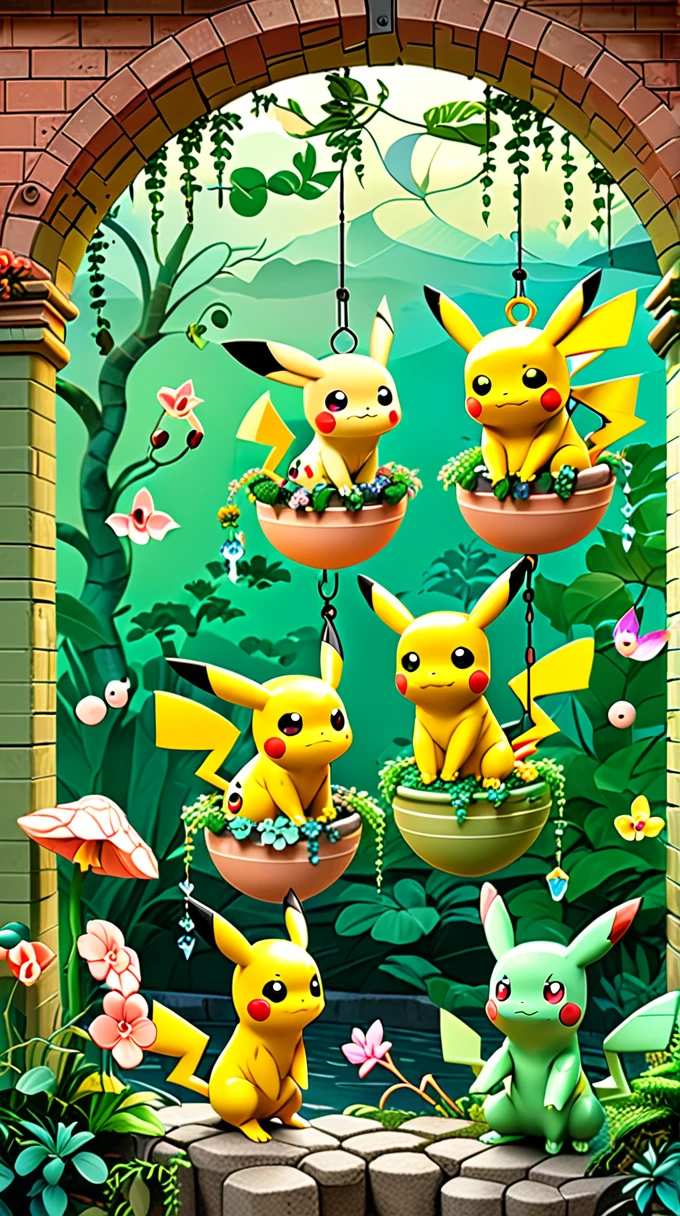 cozy scene featuring hanging planters with adorable Pokémon, adding elements of Pikachu. The planters should be filled with lush greenery and colorful flowers. Include Pikachu comfortably resting in one of the planters, alongside other Pokémon like Celebi and Snivy. Use soft pastel colors and whimsical details to enhance the charm. The background should have subtle stripes with shades of green and peach, maintaining a warm and inviting atmosphere