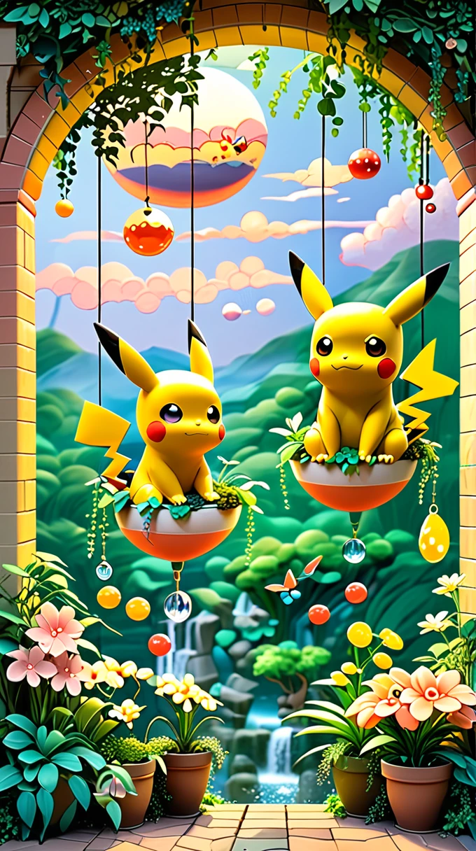 cozy scene featuring hanging planters with adorable Pokémon, adding elements of Pikachu. The planters should be filled with lush greenery and colorful flowers. Include Pikachu comfortably resting in one of the planters, alongside other Pokémon like Celebi and Snivy. Use soft pastel colors and whimsical details to enhance the charm. The background should have subtle stripes with shades of green and peach, maintaining a warm and inviting atmosphere