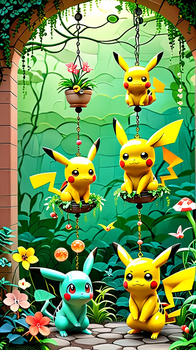 cozy scene featuring hanging planters with adorable Pokémon, adding elements of Pikachu. The planters should be filled with lush greenery and colorful flowers. Include Pikachu comfortably resting in one of the planters, alongside other Pokémon like Celebi and Snivy. Use soft pastel colors and whimsical details to enhance the charm. The background should have subtle stripes with shades of green and peach, maintaining a warm and inviting atmosphere