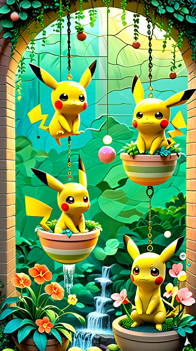 cozy scene featuring hanging planters with adorable Pokémon, adding elements of Pikachu. The planters should be filled with lush greenery and colorful flowers. Include Pikachu comfortably resting in one of the planters, alongside other Pokémon like Celebi and Snivy. Use soft pastel colors and whimsical details to enhance the charm. The background should have subtle stripes with shades of green and peach, maintaining a warm and inviting atmosphere