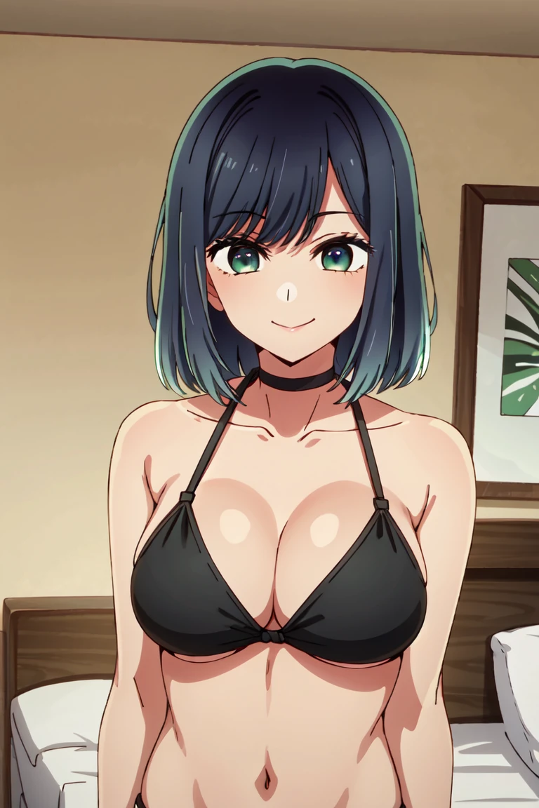 tall body, tall, long legs, mature female, mature, adult, eft_oshi_akane, 1girl, solo, looking at viewer, upper body, collarbone, closed mouth, bangs, medium hair, black hair, green eyes, short hair, smile, blue hair , black bikini , bedroom , busty