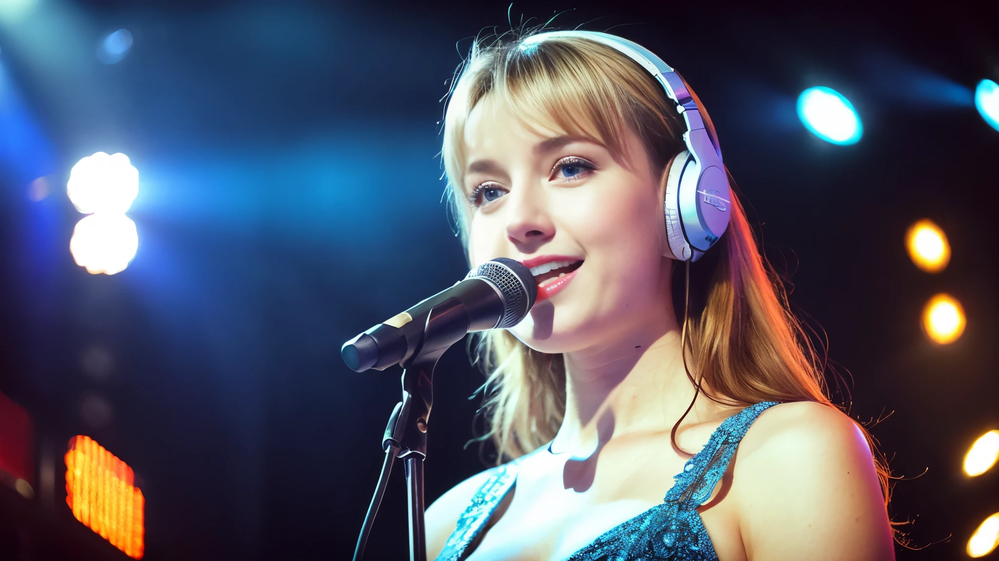 Beautiful blonde with big breasts in a dress (1Singing under the spotlight on stage at a live venue with tens of thousands of people watching),Wearing headphones,Very detailed, 21 years old, Innocent face, Naturally Wavy Hair, blue eyes, High resolution, masterpiece, Highest quality, Intricate details, Very detailed, Clear focus, Delicate skin, practical skin texture, texture, Delicate eyes, Professional, 4K, Cute Smile, Shot with Canon, 85mm, Shallow and deep, Kodak Vision Color, Exactly, Very detailed, photograph_\(Extremist\), photographpractical, practical, Post-processing, Maximum details, Roughness, Real Life, Extremist practical, Photorealism, photographgraphy, 8K Ultra HD, photographgraphy