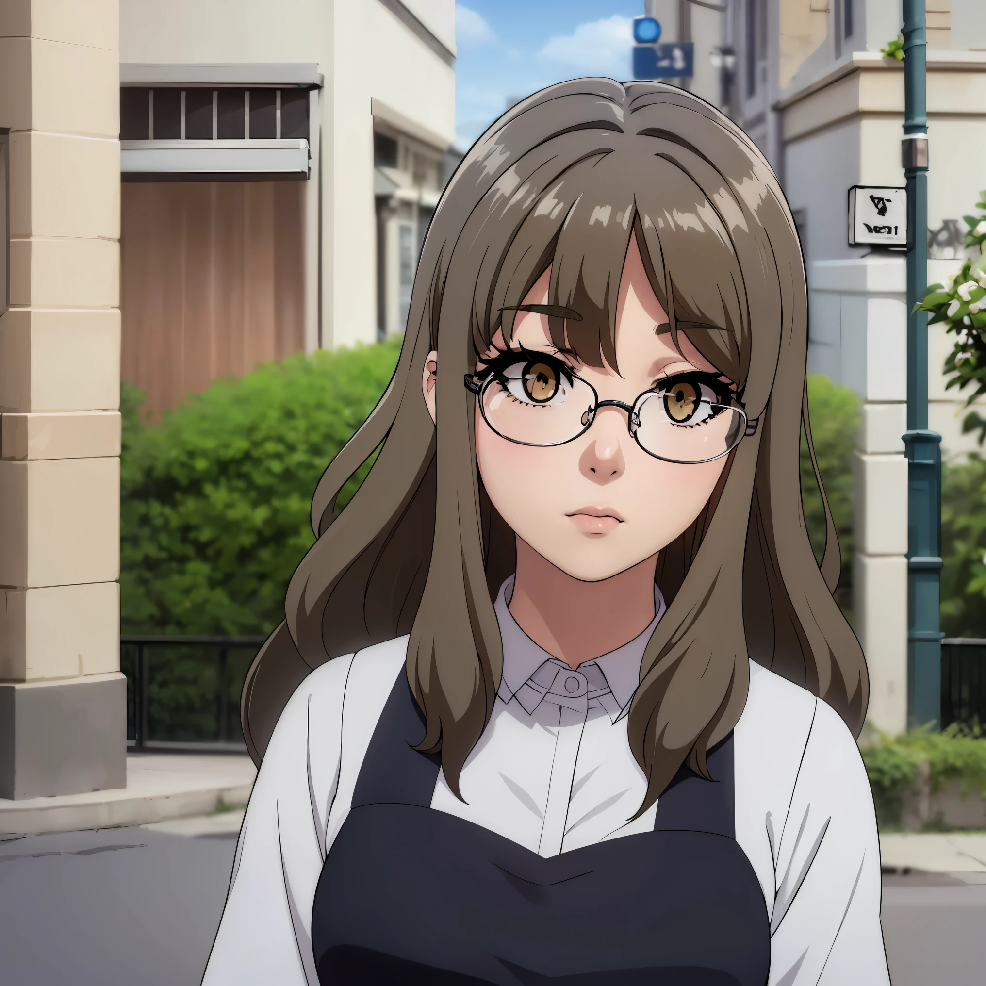 1 girl, alone,riofutaba, rio futaba, black-framed eyewear, (brown eyes:1.7), glasses, (grey hair:1.2), hair between eyes, over-rim eyewear, semi-rimless eyewear, long hair, sidelocks, wearing roman legion armor in the city of ancient rome
