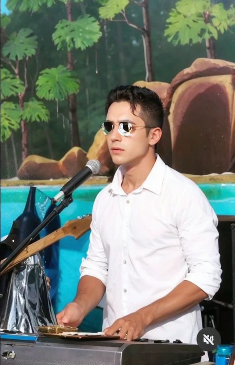 Put sunglasses on this image, but preserve the person's natural face