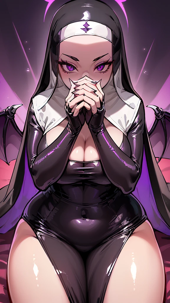 Mature Woman,(((Succubus disguised as a nun))),(((A thin veil covering the mouth,Sexy Costumes))),(Detailed Description, High resolution，8k wallpaper，masterpiece，Highest quality,Depth of region,Anatomically accurate depiction,A face with attention to detail, Eye for detail,Nice hands, Perfect Fingers,eyelash,(Intensely glowing purple eyes,Seductive Gaze,There is cleavage in the chest,A seductive smile,Large Breasts,Mysterious colored lips,Seductive pose,Poses that accentuate the chest),(((Glowing Skin、Shiny skin、Oilskin))),(From above:1.1),Perfect body,Depict the whole body,(background：fantastic church),Devil&#39;s Wings