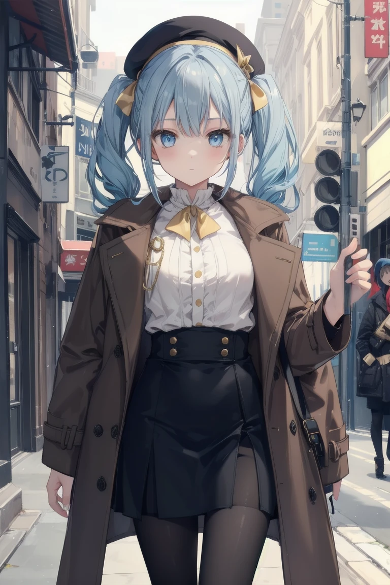 girl, White blouse, mini skirt, Black Pantyhose, Brown overcoat, beret, Are standing, Glamorous clothing, Complex clothing, Light blue hair、Long twin tails, A familiar face, Brown and gold tones, 