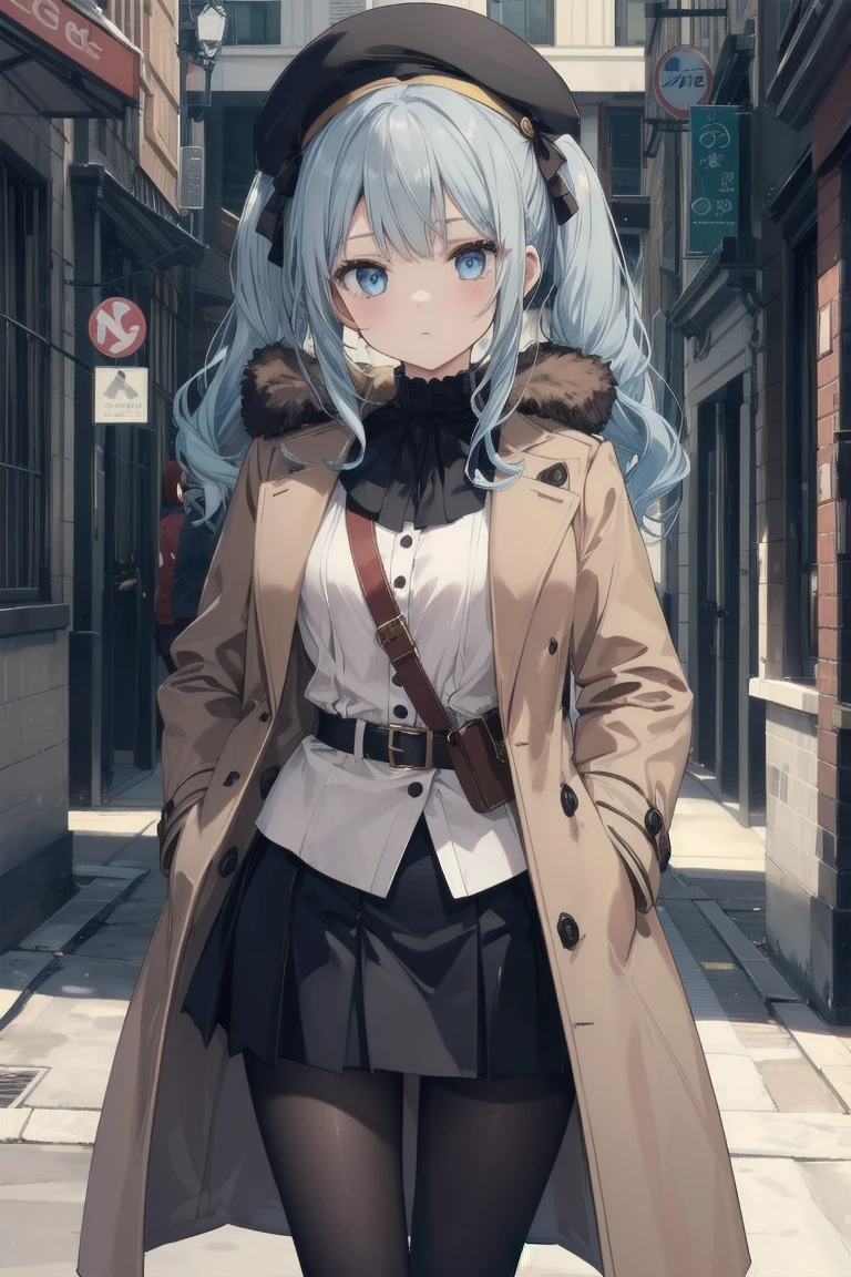 girl, White blouse, mini skirt, Black Pantyhose, Brown overcoat, beret, Are standing, Glamorous clothing, Complex clothing, Light blue hair、Long twin tails, A familiar face, Brown and gold tones,