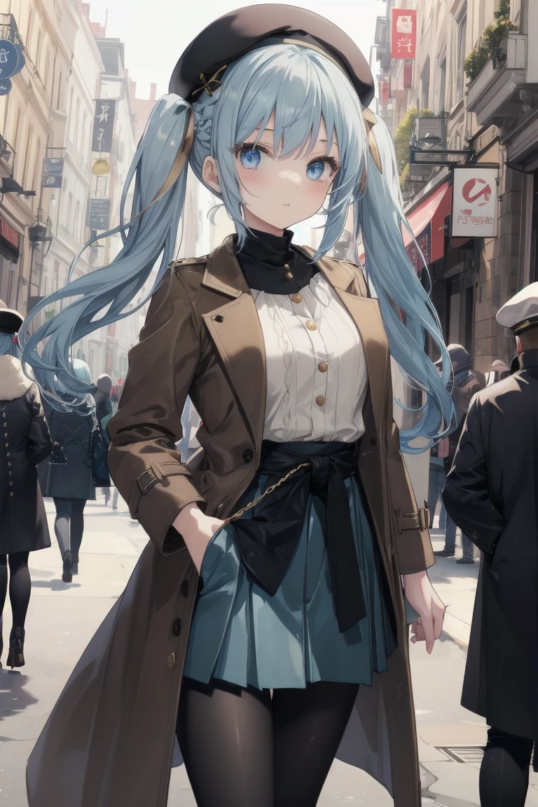 girl, White blouse, mini skirt, Black Pantyhose, Brown overcoat, beret, Are standing, Glamorous clothing, Complex clothing, Light blue hair、Long twin tails, A familiar face, Brown and gold tones, 