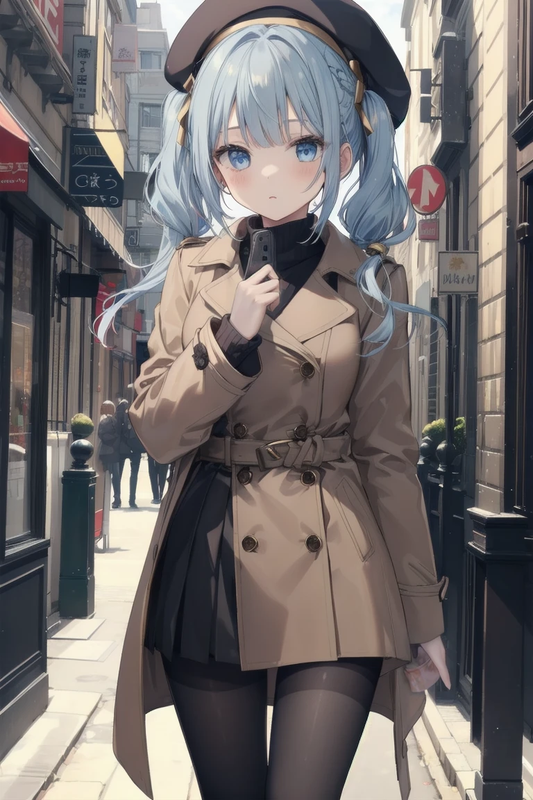 girl, White blouse, mini skirt, Black Pantyhose, Brown overcoat, beret, Are standing, Glamorous clothing, Complex clothing, Light blue hair、Long twin tails, A familiar face, Brown and gold tones,