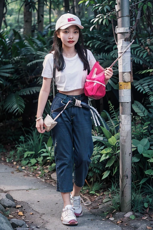 Carrying a large yellow waterproof hiking backpack, with a Polaroid camera in the left hand and a hiking pole in the right hand. Wearing a white hiking hat, a white tight-fitting T-shirt tied in a knot at the hem to reveal a toned midriff with defined abs, and white tight-fitting pants paired with white NIKE AIR FORCE athletic shoes. Adorned with a necklace, earrings, bracelets, and various bohemian (hippie) style hiking accessories, including a small waist bag and a water bottle. A happy full-body photo while hiking, with a background of a deep mountain wilderness trail!