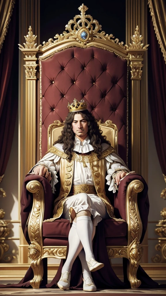 Draw a King Louis XIV of France in Baroque-style royal attire, complete with a diamond crown and the backdrop of the magnificent palace of Versailles." gold diamond, realistic, pixar, ultra HD, full body, majestic throne, with a handsome face without any flaws, 4k resolusi, full color realistis
