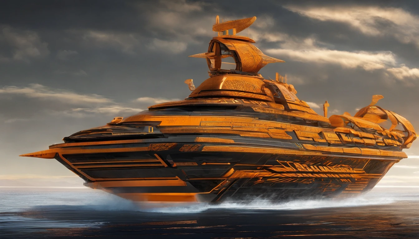 A unique metallic color of a bengal tiger starship in Gothic style, & the shape of a bengal tiger, Tim Burton & Mary Shelley's vision, flying by Saturn, cool 750k UHD unveiling every minute feature, from heavy artillery, intricately woven into the ship's backbone to the Bengal tiger's head is molded into the tip of the ship & riveting diodes, black & orange crystal diamond nacelles, in the rear.