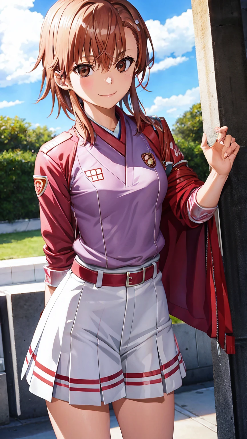 Misaka Mikoto&#39;s Anime View, One girl,  Girl, cute, alone, Chestnut Hair, hairpin,Brown eyes, Are standing, View your viewers,smile,,Anime Style, Student uniform＋＋　　mini skirt