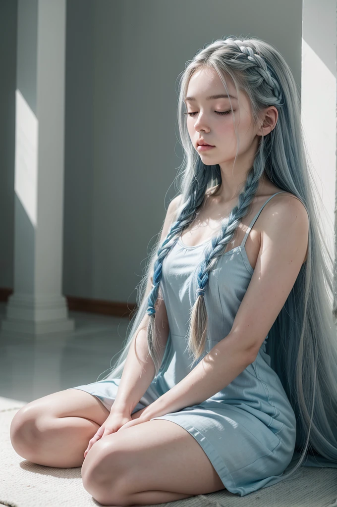 A young white woman with long blue hair styled in two braids, in a meditation position with her eyes closed and her hands in a prayer position. She is wearing a light blue dress. The image should be a full-body shot in a meditation position, very realistic, in an all-white temple with a white floor, white stone walls, white ceiling, and white columns.