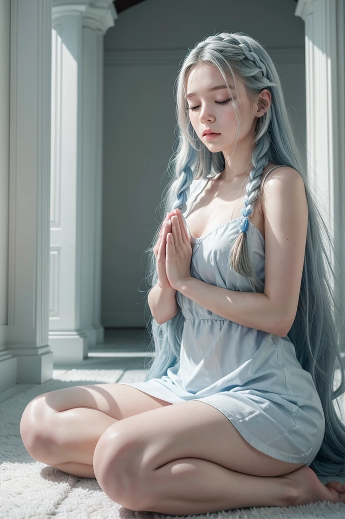 A young white woman with long blue hair styled in two braids, in a meditation position with her eyes closed and her hands in a prayer position. She is wearing a light blue dress. The image should be a full-body shot in a meditation position, very realistic, in an all-white temple with a white floor, white stone walls, white ceiling, and white columns.