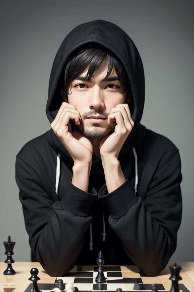 Man sitting with hands crossed on the table, playing chess and with his face covered by a black hoodie