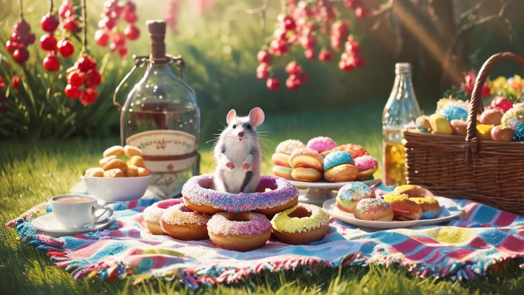 full-length Oil paint splatter Whimsical painterly fantasy artistic painting of a cute mouse on a picnic blanket eating leftover ring donuts with icing & sugar sprinkles on, sitting by a stream. Picnic hamper with wine and strawberries. crumbs on blanket. soft and ethereal, whimsical & dreamy atmosphere. magical, intuitive muted colors, soft brush strokes, adorable artwork, oil paint texture, glowing effects, fantasy elements. glittery feel. whole view of mouse and donuts.