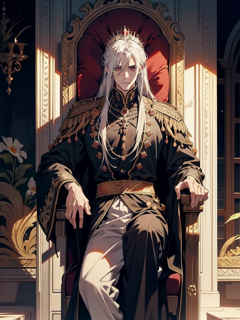 A white-haired, silver-eyed prince sits on a majestic throne inside an abandoned palace with crown. The environment around him is dark and gloomy, with cracks in the walls and cobwebs hanging there. The throne is ornate, with details in gold and precious stones, and is covered by a dusty cloth. The protagonist is wearing royal clothing, with a determined expression on his face, as he stares at the horizon with glowing red eyes, masterpiece, best quality, ultra-detailed, illustration, 8k resolution concept art, fantasy art, epic art, concept art wallpaper 4k, deep color, natural lighting. adult, handsome, tall muscular guy, broad shoulders.