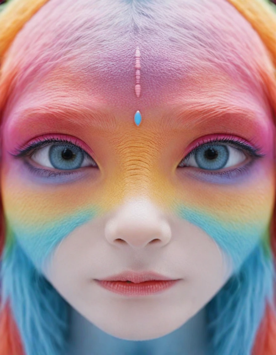 huge, Macro-human origins, a monster creature，Symmetrical，Look directly into the camera. This concept image has a bold outline，Rich in details, Blending reality and fractal elements. This creature is colorful., Focus on the face and eyes, Create high-quality masterpieces. 背景Rich in details，with a shallow depth of field, Enhance the prominence of creatures in the scene.